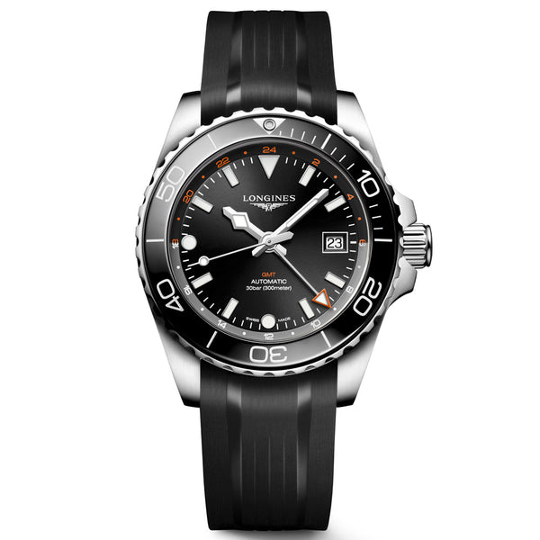 longines hydroconquest gmt 41mm black dial stainless steel automatic gents watch on a black rubber strap front facing upright image