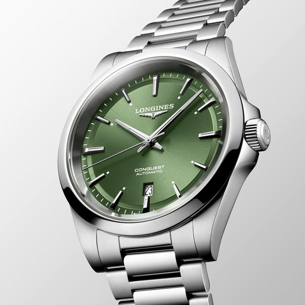 longines conquest 2023 41mm green dial automatic gents watch dial close up