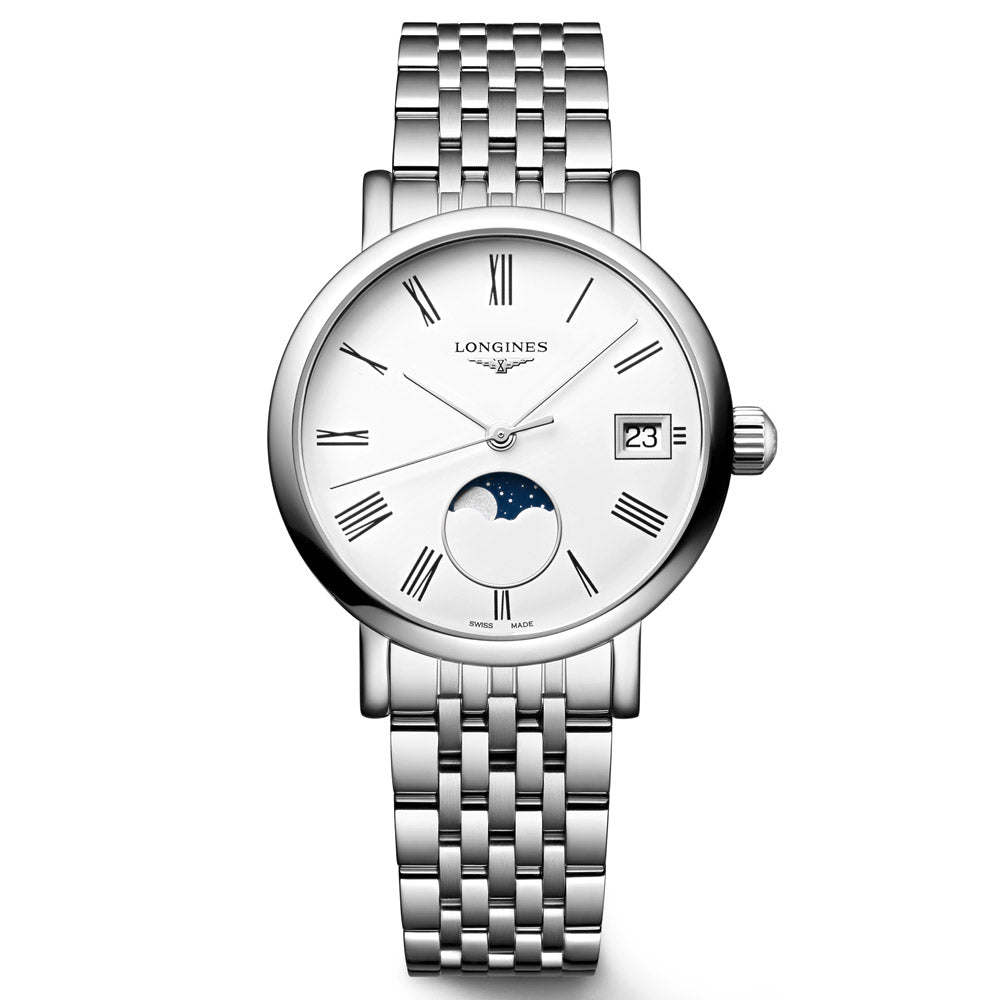 Longines Elegant Collection 30mm White Dial Moon Phase Quartz Ladies W