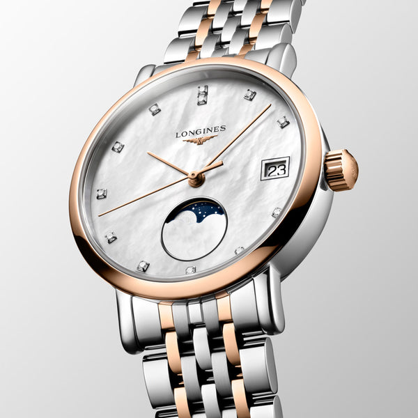 Longines Elegant Collection 30mm MOP Diamond Dot Dial Moon Phase 18ct Rose Gold Capped Steel Quartz Ladies Watch L4.330.5.87.7