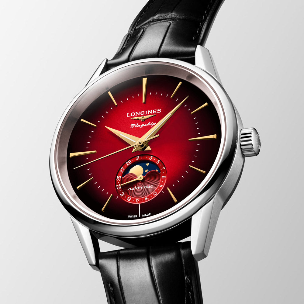 longines flagship heritage 38.5mm red dial automatic moonphase watch front side facing upright image