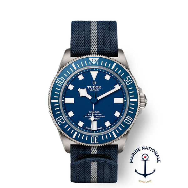 tudor pelagos fxd 42mm blue dial automatic titanium on fabric strap watch front facing upright image