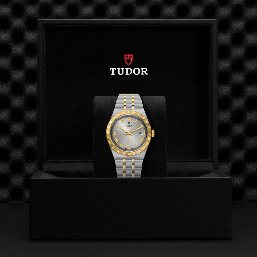 tudor royal 38mm silver dial automatic gold and steel on gold and steel bracelet watch in a presentation box