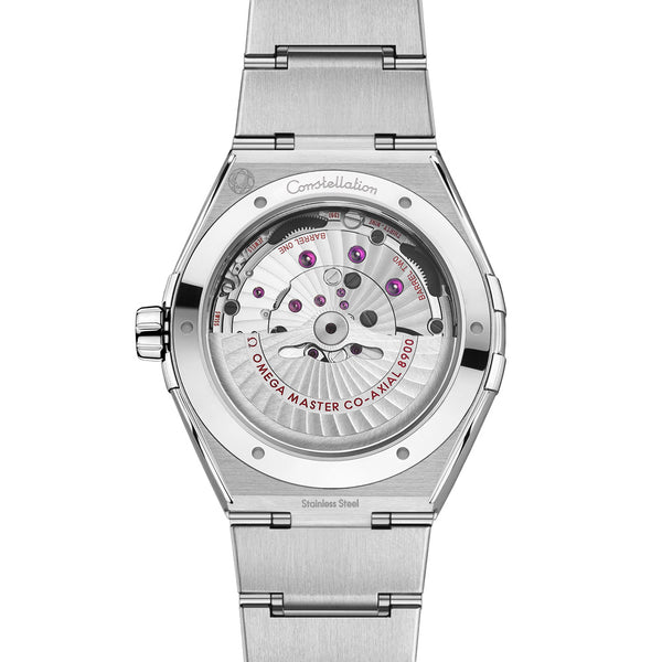 omega constellation 41mm grey dial steel on steel bracelet gents watch showing its transparent caseback