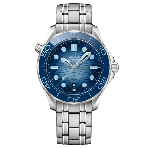 omega sumer blue seamaster diver 300m 42mm blue dial stainless steel automatic gents watch on a metal bracelet front facing upright image