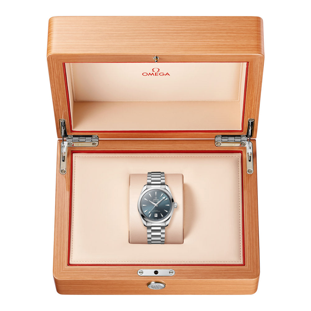 omega seamaster aqua terra shades 38mm atlantic blue dial stainless steel automatic watch in the presentation box