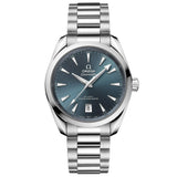 omega seamaster aqua terra shades 38mm atlantic blue dial stainless steel automatic watch front facing upright image
