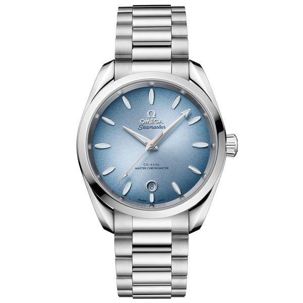 omega summer blue seamaster aqua terra 150m 38mm blue dial stainless steel automatic watch on a metal bracelet front facing upright image