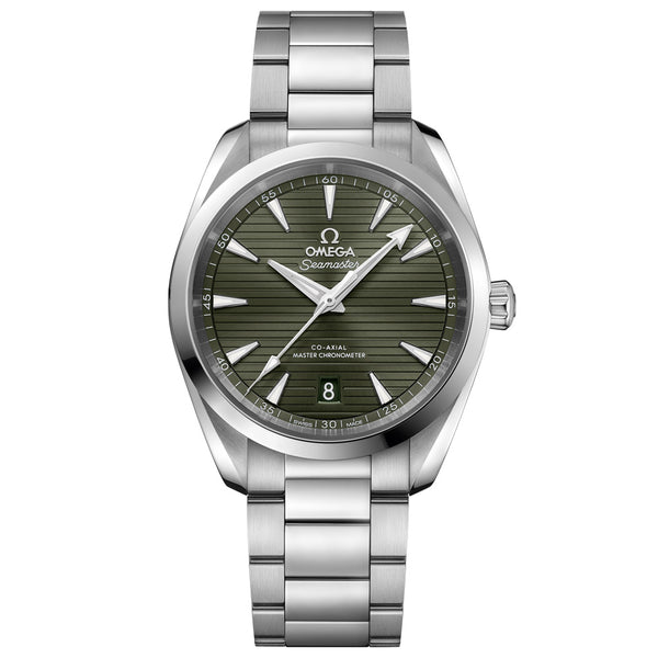 omega seamaster aqua terra 150m 38mm green dial steel on steel bracelet automatic watch front facing upright image