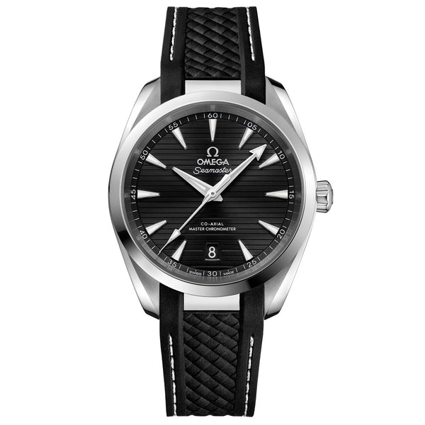 omega seamaster aqua terra 150m 38mm black dial automatic watch on black rubber strap front facing upright image