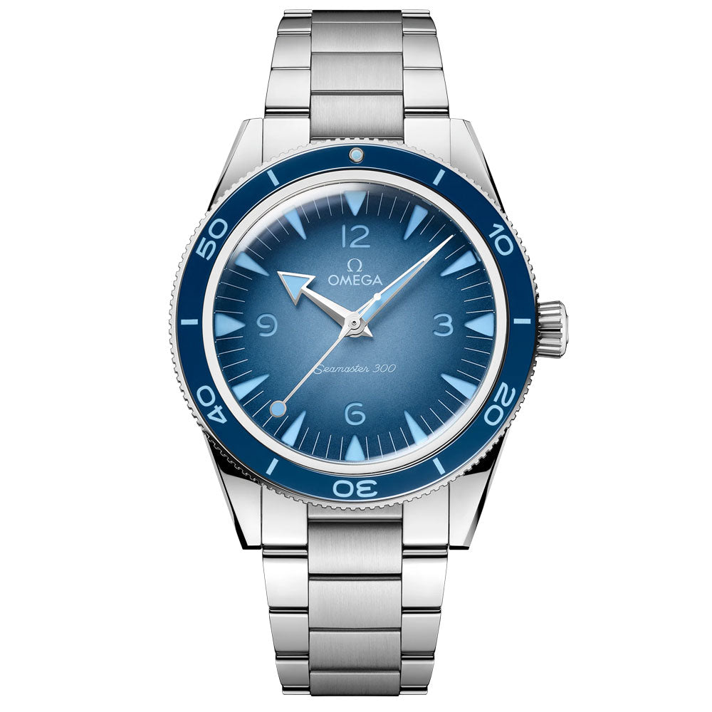 omega summer blue seamaster 300 41mm blue dial stainless steel automatic gents watch on a metal bracelet front facing upright image
