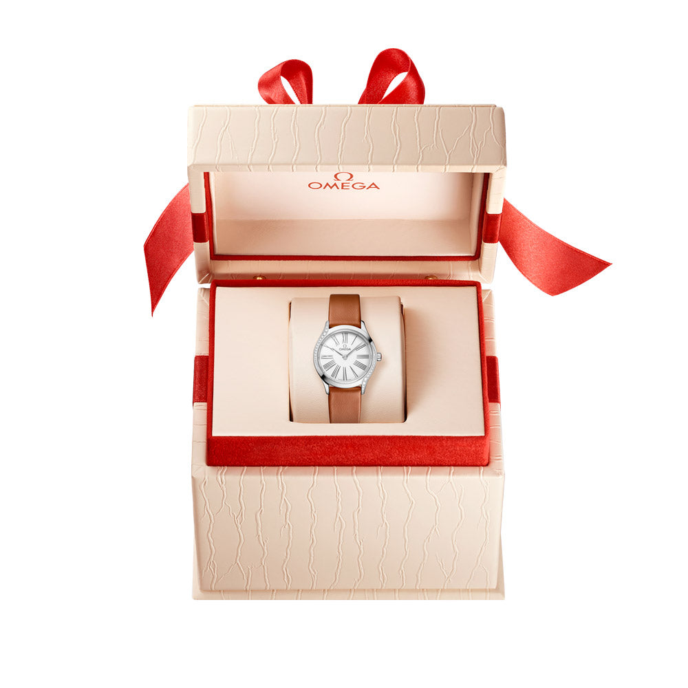 omega de ville mini tresor 26mm white dial steel on leather strap automatic watch in a presentation box
