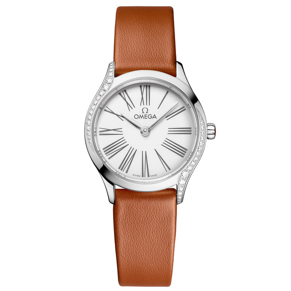 omega de ville mini tresor 26mm white dial steel on leather strap automatic watch front facing upright image