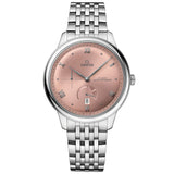 omega de ville prestige 41mm pink dial automatic steel on steel bracelet gents watch front facing upright image