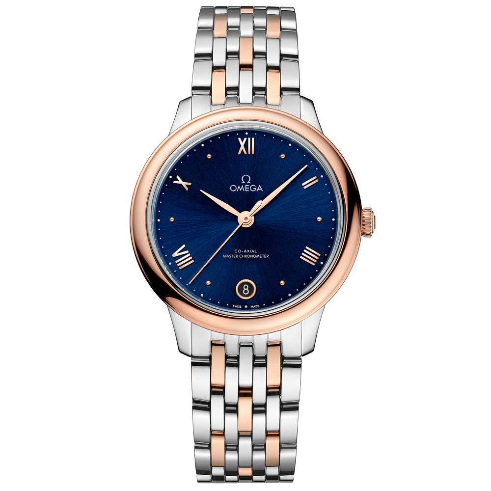 Omega De Ville Prestige 34mm Blue Dial 18ct Rose Gold Steel Ladies A
