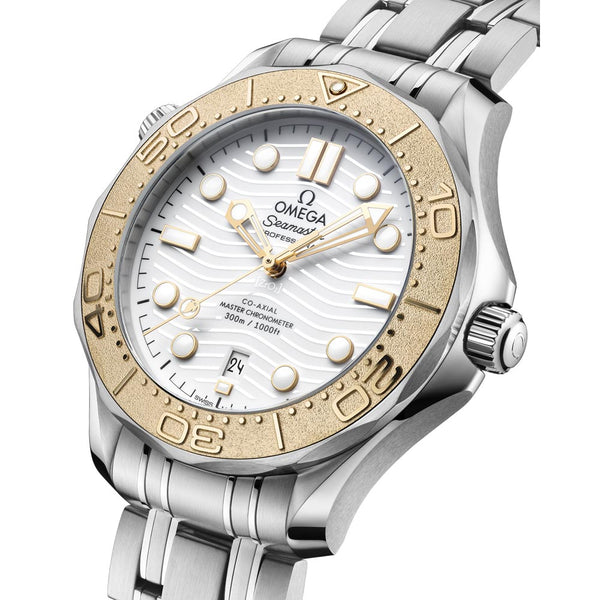 omega seamaster diver 300m paris olympics 2024 edition 42mm white dial automatic 18ct yellow gold and steel on steel bracelet gents watch front side facing upright image