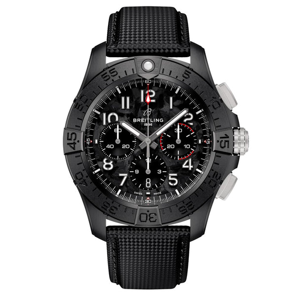 breitling avenger b01 chronograph 44mm night mission black dial black ceramic automatic gents watch front facing upright image