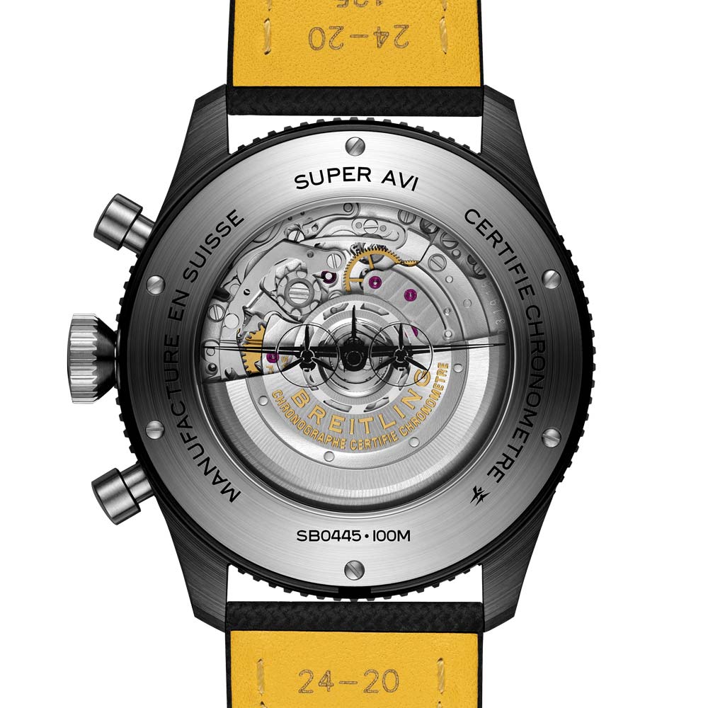 breitling super avi b04 gmt mosquito night fighter 46mm black dial automatic chronograph gents watch case back view