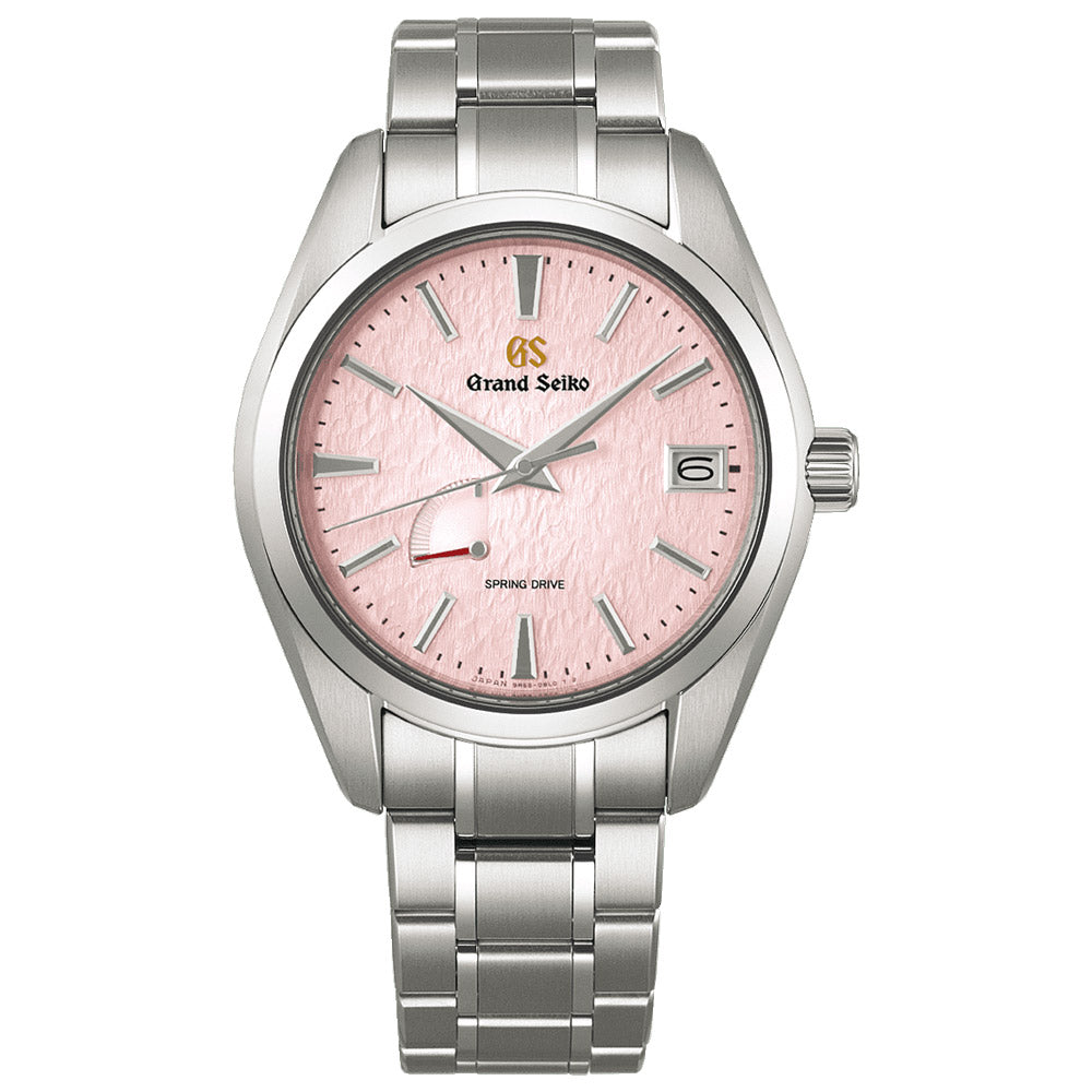 grand seiko pink snowflake spring drive 20th anniversary limited edition 41mm pink dial steel on steel bracelet automatic watch front facing upright image