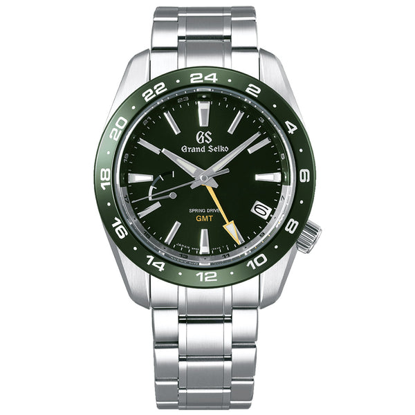 grand seiko sports collection spring drive gmt 44.5mm green dial stainless steel gents watch front facing upright image