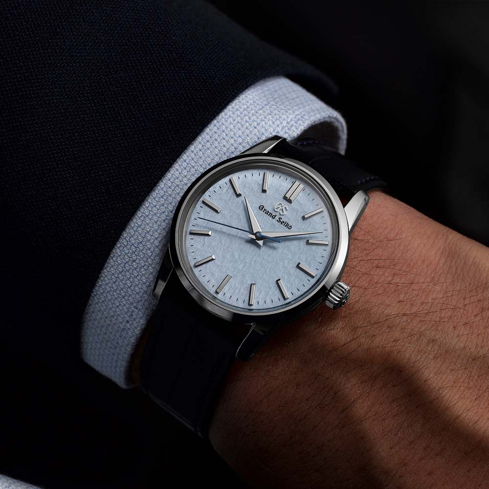grand seiko elegance collection skyflake quartz 34mm blue dial watch wrist shot