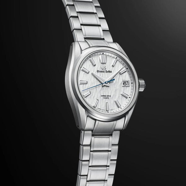 grand seiko evolution 9 spring drive white birch 40mm white dial gents watch side view
