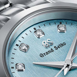 Grand Seiko Mizu-Hanada Blue Linen Mechanical Automatic 27.8mm sky blue diamond dot dial ladies watch partial dial closeup
