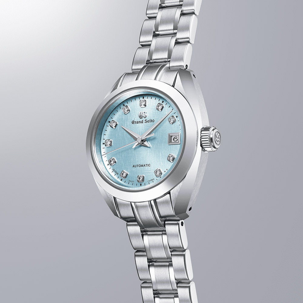 Grand Seiko Mizu-Hanada Blue Linen Mechanical Automatic 27.8mm sky blue diamond dot dial ladies watch on a steel bracelet front side facing upright image