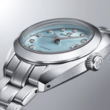 Grand Seiko Mizu-Hanada Blue Linen Mechanical Automatic 27.8mm sky blue diamond dot dial ladies watch on a steel bracelet side closeup image