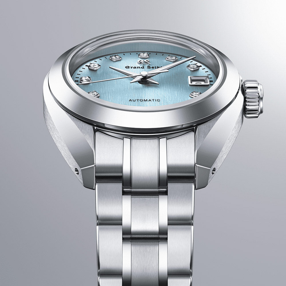 Grand Seiko Mizu-Hanada Blue Linen Mechanical Automatic 27.8mm sky blue diamond dot dial ladies watch on a steel bracelet closeup image