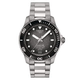 tissot seastar 1000 powermatic 80 graded grey black dial 40mm steel on steel bracelet diving automatic gents watch front facing upright image