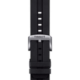 tissot supersport 44mm black dial steel on rubber strap quartz gents watch showing its black rubber strap with tang buckle