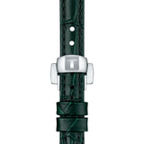 tissot bellissima mother of pearl dial 26mm steel on green leather strap quartz ladies watch showing its green leather strap with butterfly clasp