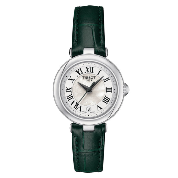 tissot bellissima mother of pearl dial 26mm steel on green leather strap quartz ladies watch front facing upright image