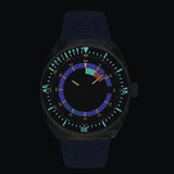 tissot sideral blue 41mm steel & forged carbon automatic watch in the dark shot