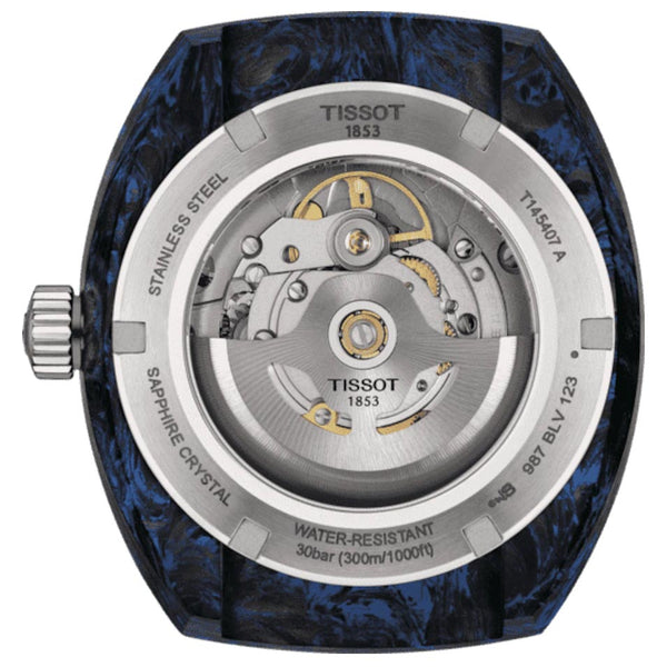 tissot sideral blue 41mm steel & forged carbon automatic watch caseback view