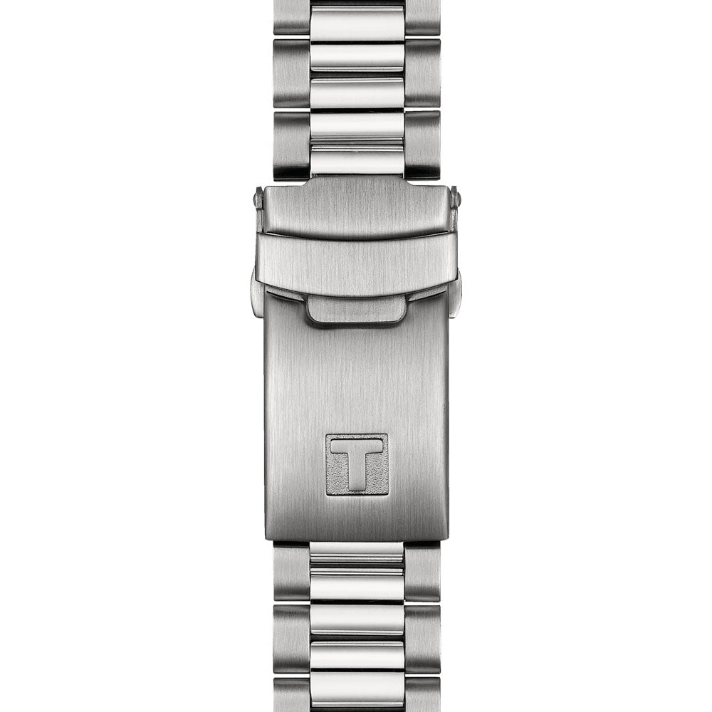 tissot pr516 40mm black dial quartz chronograph watch stainless steel metal bracelet with foldover deployment clasp image