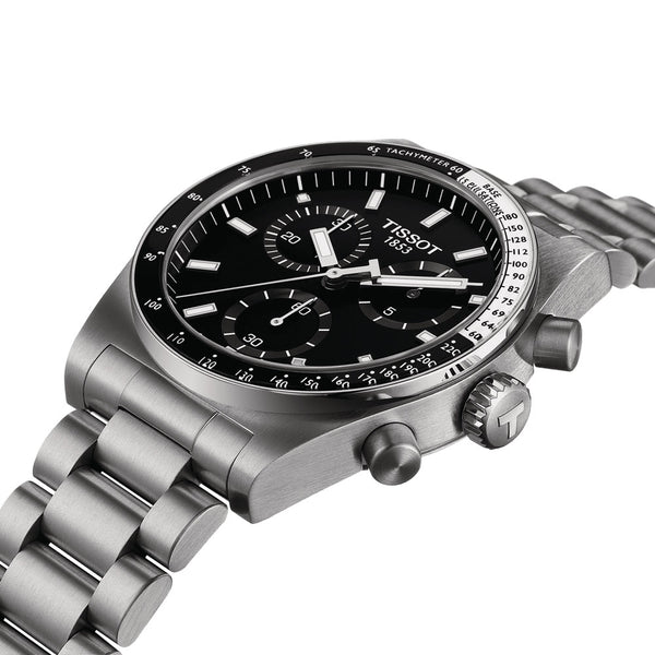tissot pr516 40mm black dial quartz chronograph watch front side facing laying down image