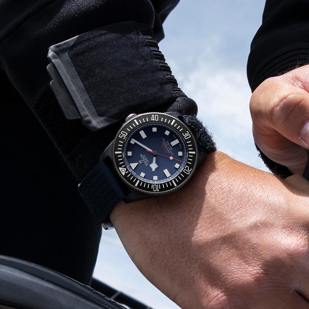 tudor pelagos fxd 42mm blue dial black carbon composite on fabric strap automatic watch lifestyle image