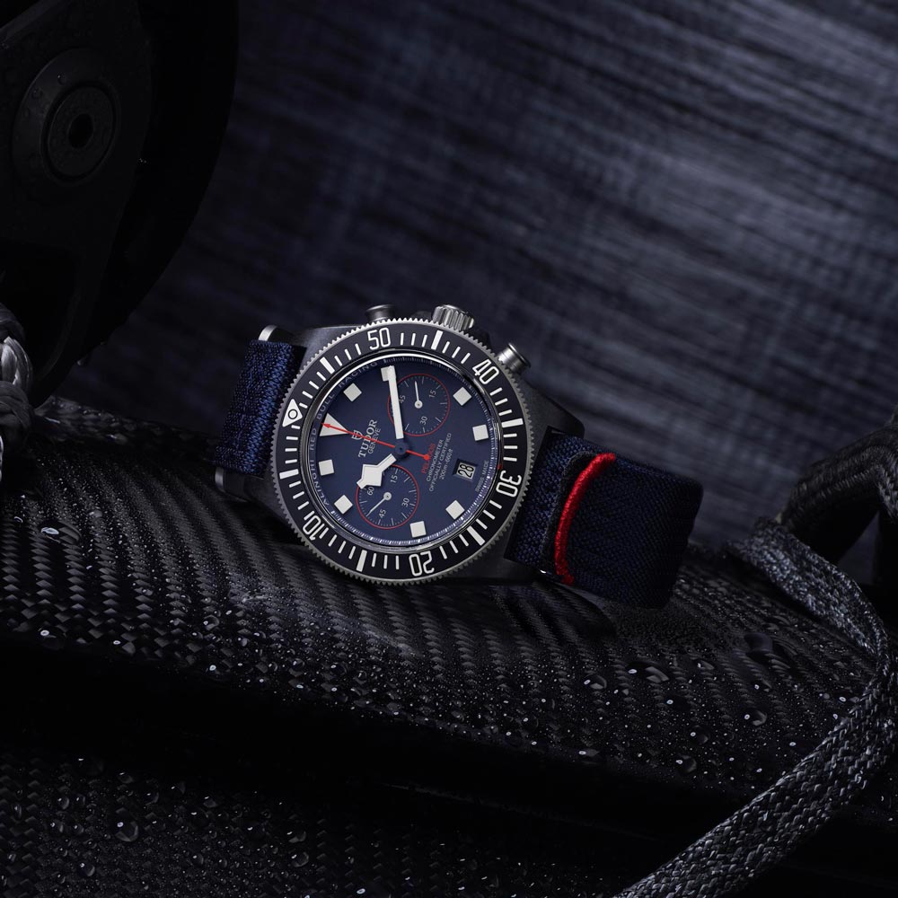 tudor pelagos fxd chrono 43mm blue dial black carbon composite on fabric strap automatic chronograph watch lifestyle image