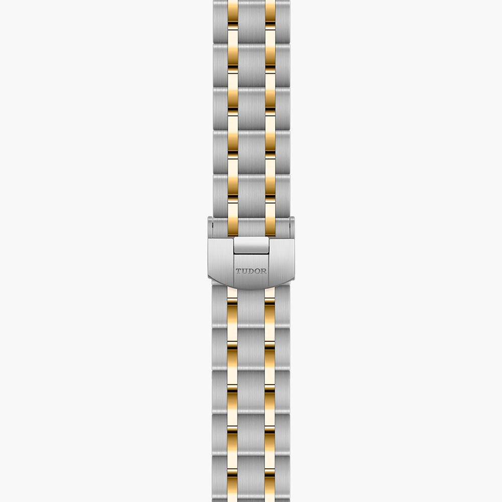 tudor royal 28mm mother of pearl diamond dot dial gold diamond bezel and steel on gold and steel bracelet automatic watch showing folding clasp