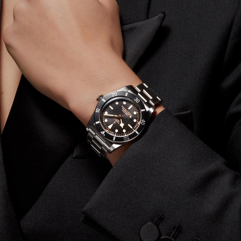 tudor black bay 54 37mm black dial steel on steel bracelet automatic watch lifestyle image