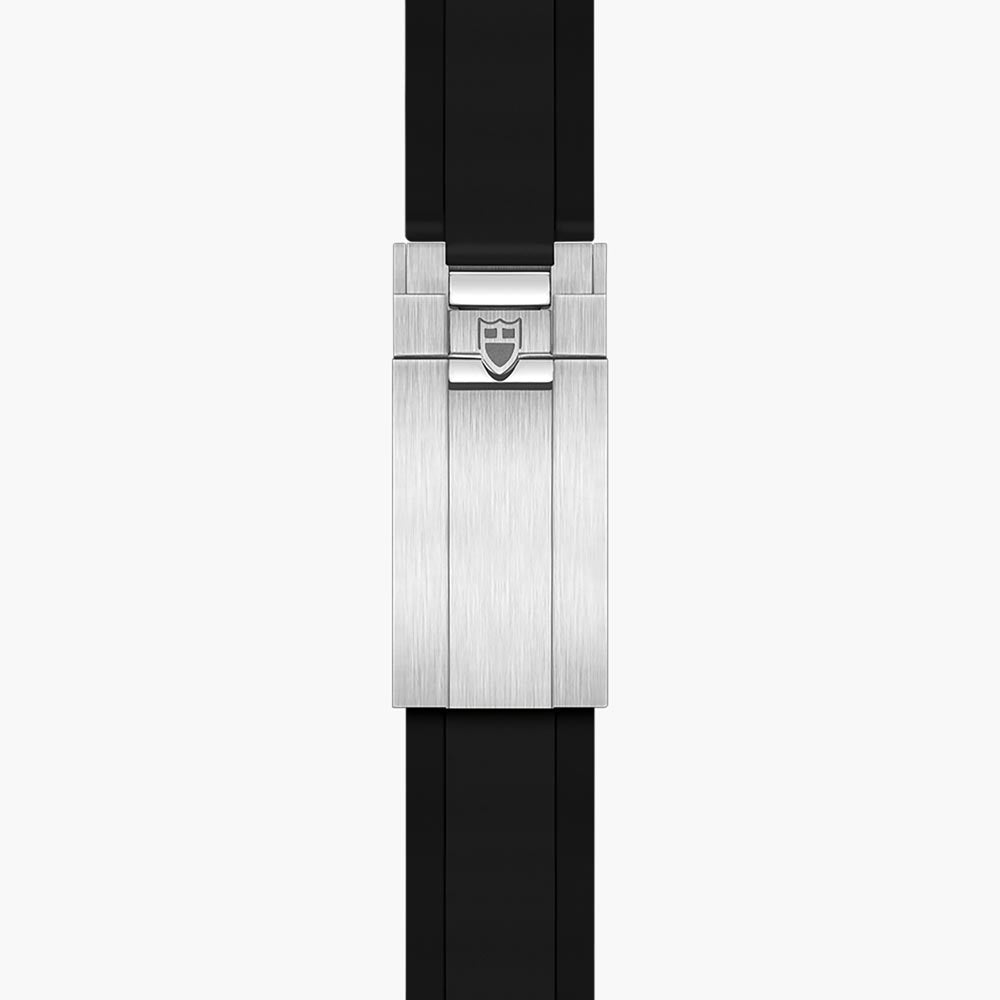 tudor black bay fifty four 37mm black dial steel on rubber strap automatic watch showing its black rubber strap with folding clasp