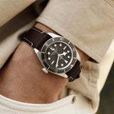 tudor black bay 58 925 39mm taupe dial sterling silver on leather strap automatic watch lifestyle image