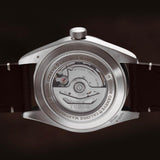 tudor black bay 58 925 39mm taupe dial sterling silver on leather strap automatic watch showing its transparent caseback