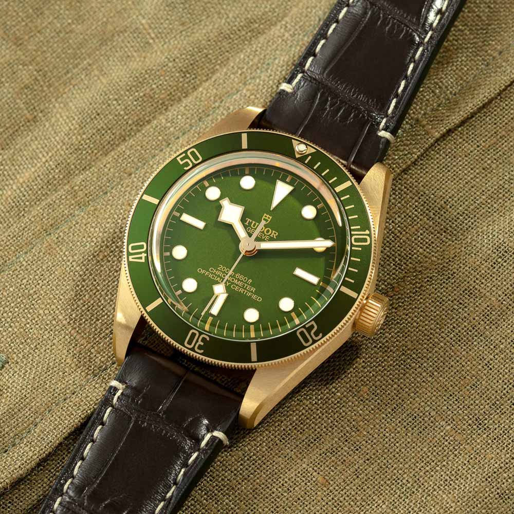 tudor black bay 58 18K 39mm green dial gold on leather strap automatic watch lifestyle image
