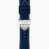 tudor black bay 58 39mm blue dial steel on leather strap automatic watch showing blue leather strap with folding clasp