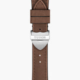 tudor black bay 58 39mm black dial automatic steel on leather strap watch showing brown leather strap with folding clasp