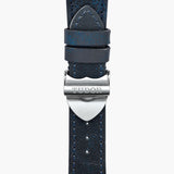 tudor black bay 41mm black dial automatic steel on leather strap watch showing folding clasp