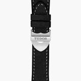 tudor black bay chrono 41mm black dial steel on leather strap automatic watch showing black leather strap with folding clasp